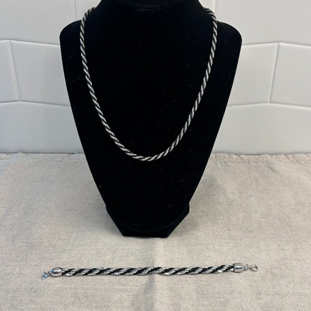 Vintage Trifari Rope Chain Necklace and Matching Bracelet - Black/Silver tone